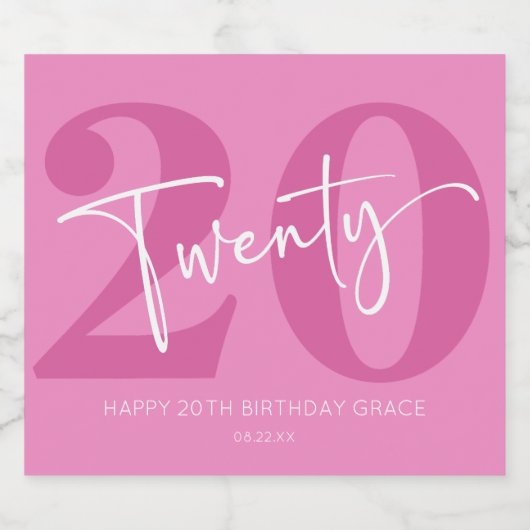 Roze Twintigste Twintigste Twintigste Verjaardagsf Sparkling Wijnetiket (Enkel label)