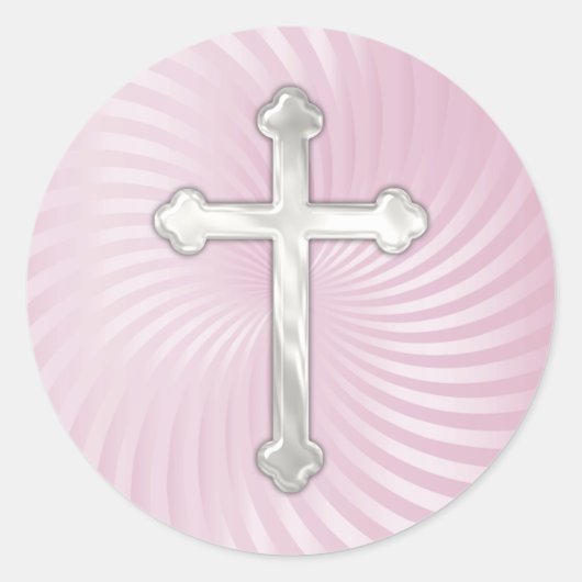 Roze Twirl Silver Pearl Cross Ronde Sticker (Voorkant)