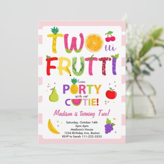 Roze Twotti Frutti Meisjes 2e Verjaardag Uitnodigi Kaart (Staand voorkant)