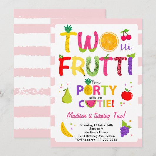 Roze Twotti Frutti Meisjes 2e Verjaardag Uitnodigi Kaart (Voorkant / Achterkant)