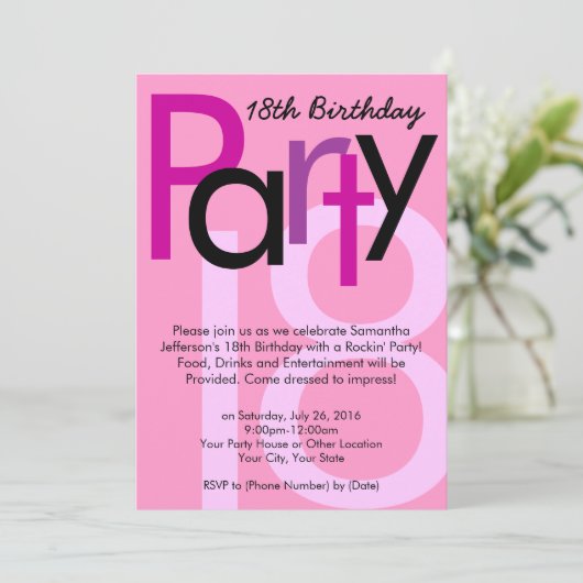 Roze Type 18e Verjaardagsfeestuitnodiging Kaart (Staand voorkant)