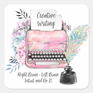  roze typemachine & inktstandaard vierkante sticker