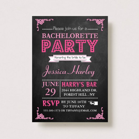 Roze Typografie Chalkboard Bachelorette Party Kaart