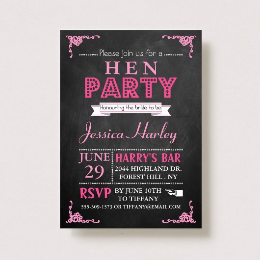 Roze Typografie Chalkboard Hen Party Kaart