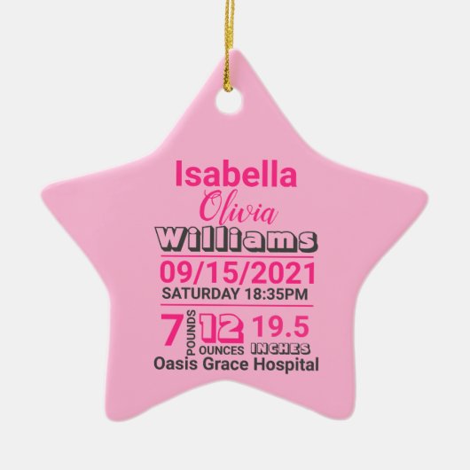 roze typografie familienaam baby girl geboortestaa keramisch ornament (Voorkant)