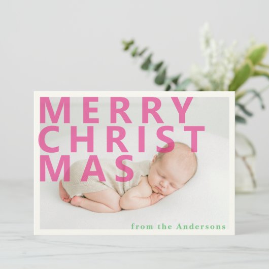 Roze typografie Kerstfoto Vakantie Kaart (Staand voorkant)