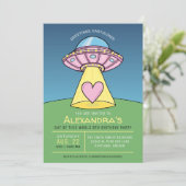 Roze UFO Alien Birthday Party Invitation Kaart (Staand voorkant)