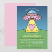 Roze UFO Alien Birthday Party Invitation Kaart (Voorkant / Achterkant)