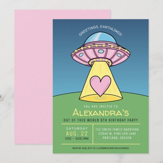 Roze UFO Alien Birthday Party Invitation Kaart (Voorkant / Achterkant)