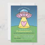 Roze UFO Alien Birthday Party Invitation Kaart<br><div class="desc">Groeten, aarthlings. Nodig gasten uit aan een buiten-van-deze-wereld buitenaardse partij met deze Cute Pink UFO de Uitnodiging van de Partij van Birthday. Het ontwerp is voorzien van een digitale illustratie van een roze en paarse UFO die een roze hart in de kaart speelt. Het zweeft in een donkerblauwe hemel boven...</div>