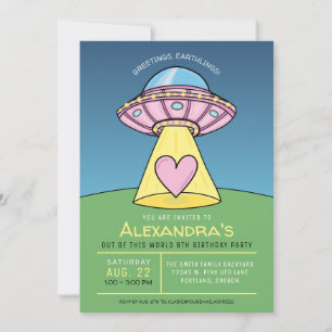 Roze UFO Alien Verjaardagsfeest Uitnodiging
