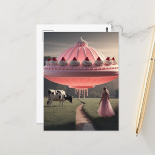 Roze UFO Surreal Sweet Treat in Dairy Pasture Briefkaart
