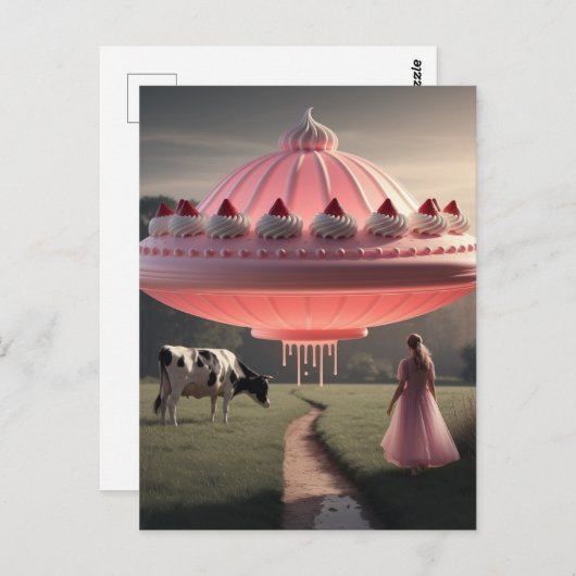Roze UFO Surreal Sweet Treat in Dairy Pasture Briefkaart (Voorkant / Achterkant)