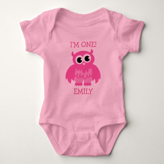 Roze uil 1e verjaardag jumpsuit voor baby meisje romper (Voorkant)