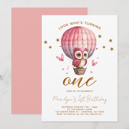 Roze Uil 1e Verjaardag Kaart (Voorkant / Achterkant)