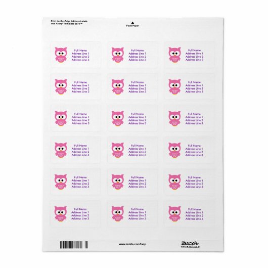Roze uil adresetiketten etiket (Full Sheet)