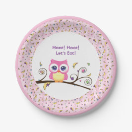 Roze Uil Baby Meisje Shower Hemellichamen Doodles  Papieren Bordje