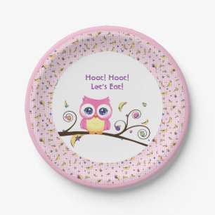 Roze Uil Baby Meisje Shower Hemellichamen Doodles  Papieren Bordje