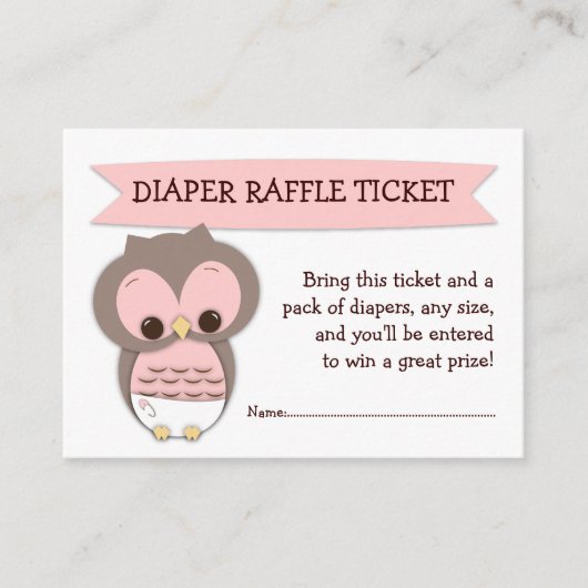 Roze Uil Baby shower Luier Raffle Ticket Insert Informatiekaartje (Voorkant)
