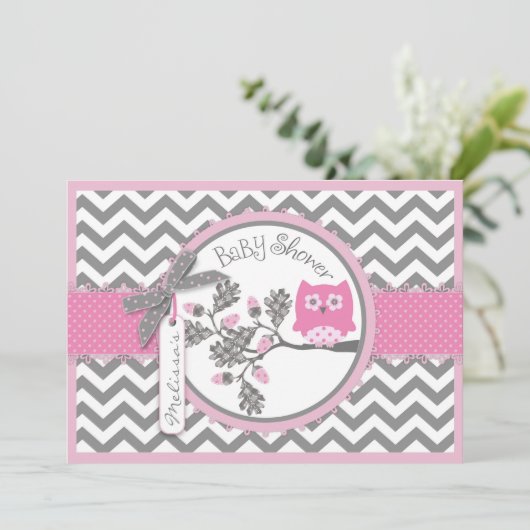 Roze Uil Chevron Print Baby shower Kaart (Staand voorkant)