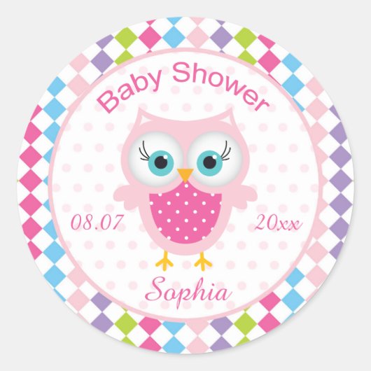 Roze uil, diamantpatroon Baby shower Sticker (Voorkant)