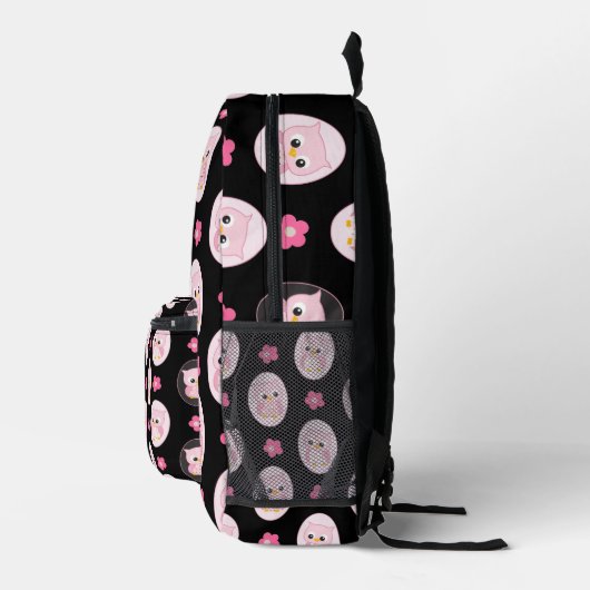 Roze uil en bloemen op zwarte achtergrond bedrukte rugzak (Rechts)