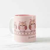 Roze uil en douanenaam tweekleurige koffiemok (Voorkant links)
