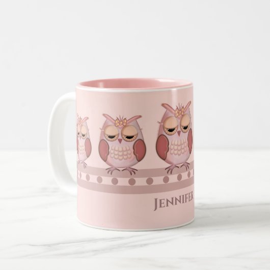 Roze uil en douanenaam tweekleurige koffiemok (Voorkant links)
