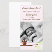 Roze Uil Foto Geboorteaankondigingen Aankondiging (Voorkant / Achterkant)