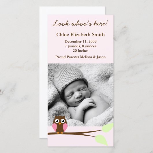 Roze Uil Foto Geboorteaankondigingen Aankondiging (Voorkant / Achterkant)