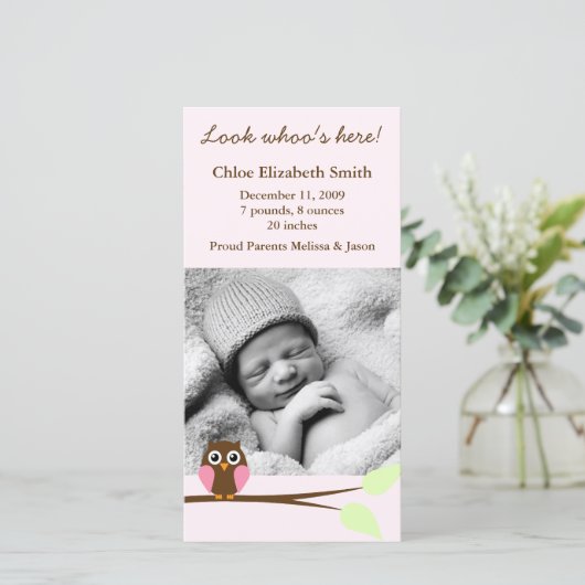 Roze Uil Foto Geboorteaankondigingen Aankondiging (Staand voorkant)