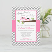 Roze Uil Grijs Chevron Meisje Baby shower Kaart (Staand voorkant)