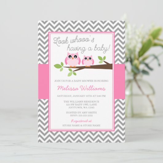 Roze Uil Grijs Chevron Meisje Baby shower Kaart (Staand voorkant)