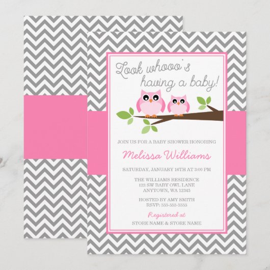 Roze Uil Grijs Chevron Meisje Baby shower Kaart (Voorkant / Achterkant)
