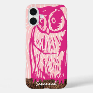 Roze Uil Houtnerfpatroon Kies Je Kleur iPhone 16 Plus Hoesje