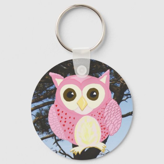 Roze Uil in een Boom Sleutelhanger (Voorkant)