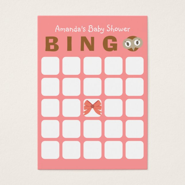 Roze Uil Meisje 5x5 Baby shower Bingo Kaart (Voorkant)