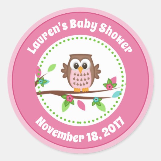 Roze Uil Meisje Baby shower Favor Stickers (Voorkant)