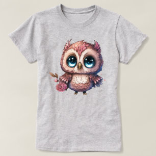Roze uil met bloem illustratie t-shirt