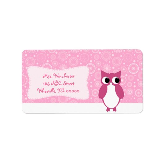 Roze Uil met Retro Cirkels Etiket (Voorkant)