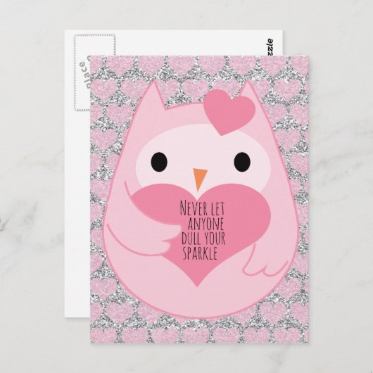 Roze Uil met Sparkle Quote Briefkaart (Voorkant / Achterkant)