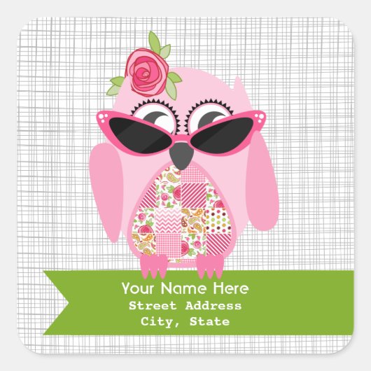 Roze Uil Met Zonnebril Adres Sticker (Voorkant)