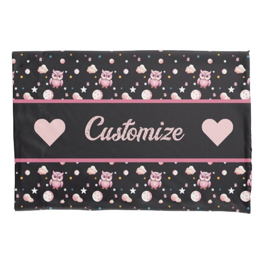 Roze Uil Moonlight Patroon Kussensloop (Voorkant-Links)