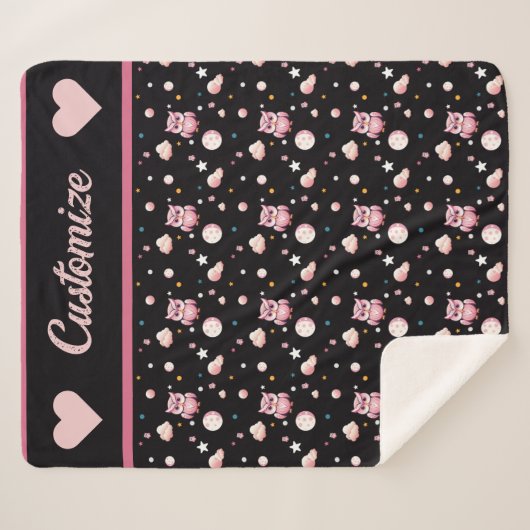 Roze Uil Moonlight Patroon Sherpa Deken (Voorkant (horizontaal))