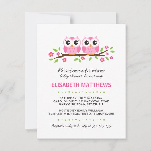 Roze uil op baby shower van tweelingmeisjes in de  kaart (Voorkant)