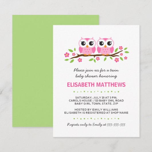 Roze uil op baby shower van tweelingmeisjes in de kaart (Voorkant / Achterkant)