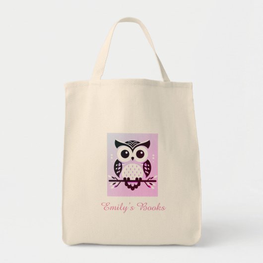 Roze uil op branche gepersonaliseerd bibliotheekbo tote bag (Voorkant)