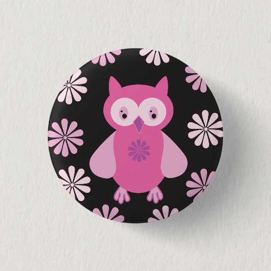 Roze uil ronde button 3,2 cm (Voorkant)