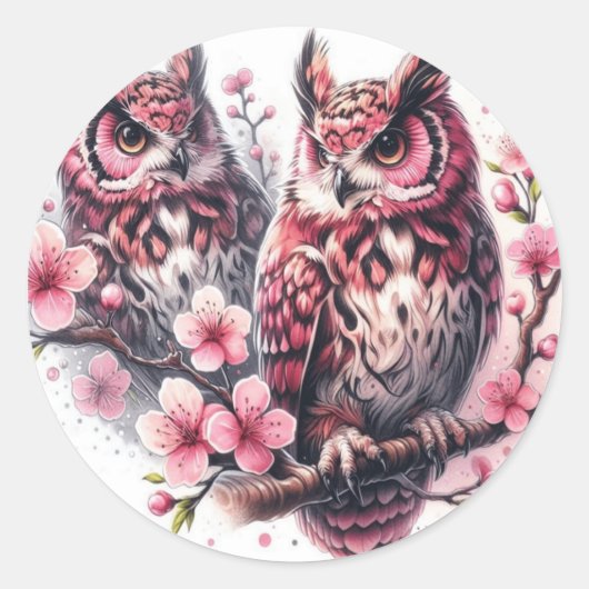 Roze uil ronde sticker (Voorkant)