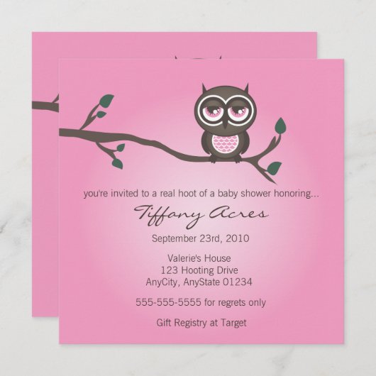 Roze uil uitnodiging (Voorkant / Achterkant)